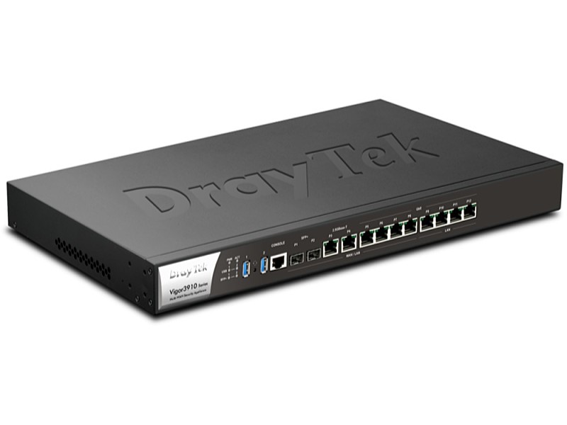 Draytek - Router - Vezetkes - Router Draytek Vigor3910 Multi-WAN Broadband Router with VPN Load Balancing 3G/4G LTE Support/Rackmount Kit , 6x RJ-45 (alleen WAN), 2x SFP+ , 6x Ethernet 1Gbps, 2x Ethernet 2.5Gbps , 2x USB 3.2 (Gen1, 5Gb/s) type-A