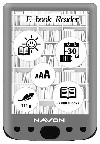 Navon - E-Book - e-Book Navon BigBook Backlight 6' 8GB Mretei 110 x 165 x 9 mm Akkumultor 2000 mAH, Li-Polymer (beptett) zemid akr 1500 ra egy feltltssel Feltltsi id 5 ra MicroSD(HC) tmogats, 32 GB-ig bvthet Tmogatott E-Book formtumok DJUV, DOC, EPUB,